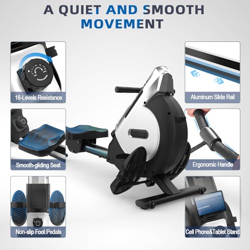 Neezee rowing machine with 16-level magnetic resistance, super silent rowing machine with LCD display, aluminum slide rail and tablet holder, improved rowing machine for home, silver.