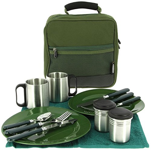 13-piece Deluxe G8DS® camping cookware, cups, and utensils for 2 people. Cookware camping utensil set for survival outdoor use.