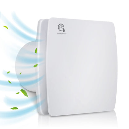Gimisgu bathroom fan with humidity sensor. Quiet 150mm exhaust fan with timer and backdraft damper. Wall-mounted fan for kitchen, toilet, and bathroom. White color.