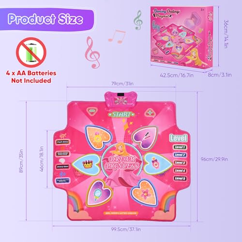 Aomdom Kids Dance Mat, with 7 game modes, 6 LED heart-shaped buttons, musical dance mat with adjustable volume, for children aged 3-9 years.