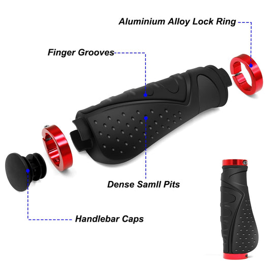 REETEE Bicycle Grips Non-Slip Handlebar Grips Ergonomic MTB Grips, Two Sides Lock-On Design Handlebar Grips for 22.2mm, Mountain Bike, Road Bike Handlebar (Black Red)