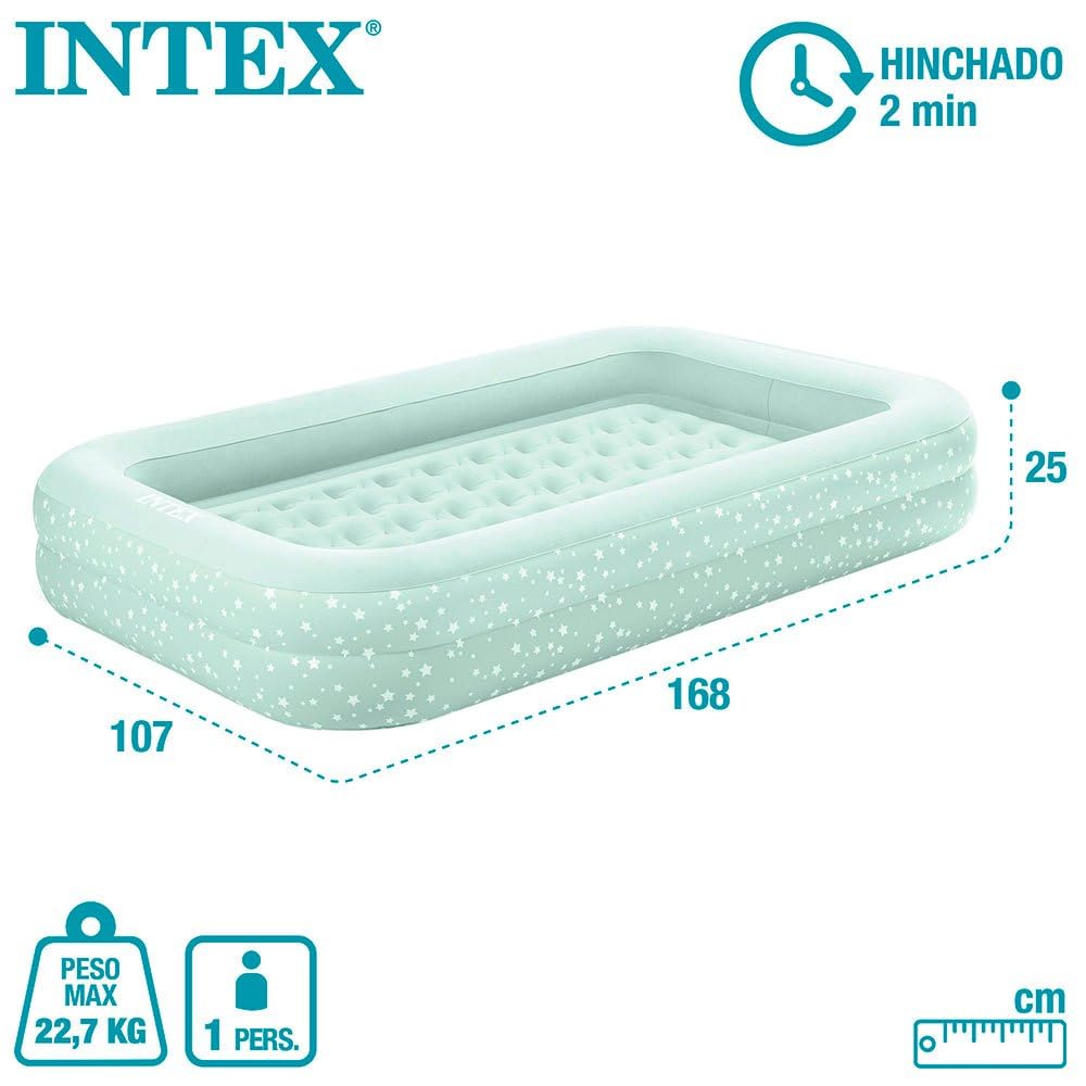 INTEX KidzTravel air mattress for children aged 3-6 years (71×132×10 cm) - Inflatable kids travel bed with built-in bumpers, including air pump. Mint green with star design.