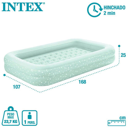 INTEX KidzTravel air mattress for children aged 3-6 years (71×132×10 cm) - Inflatable kids travel bed with built-in bumpers, including air pump. Mint green with star design.
