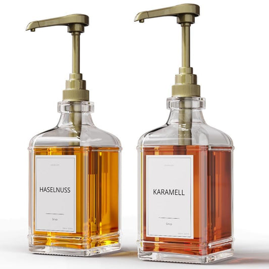 GREYMOUNT ® Syrup Dispenser Set - 2 Pack 500ml pump dispensers for syrup made of glass with gold dosing pumps for coffee, cocktails, and more | Leak-proof and drip-free | Includes 24 labels and funnel.