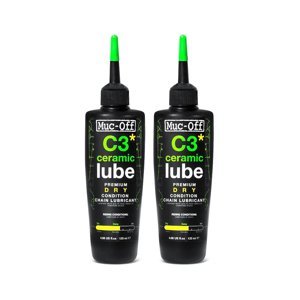 Muc-Off C3 Ceramic Dry Chain Lube, 120ml 2-Pack. Premium chain lubricant for dry and dusty conditions. Contains UV tracer dye for easy application. Ideal for bicycles.