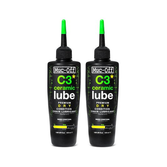 Muc-Off C3 Ceramic Dry Chain Lube, 120ml 2-Pack. Premium chain lubricant for dry and dusty conditions. Contains UV tracer dye for easy application. Ideal for bicycles.