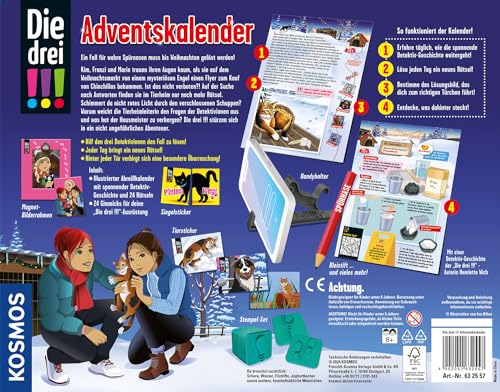 KOSMOS 632557 The three !!! Advent calendar, Explore the mystery at the animal shelter in 24 exciting puzzles, with 24 detective gadgets, Toy Advent calendar for children aged 8 years and older