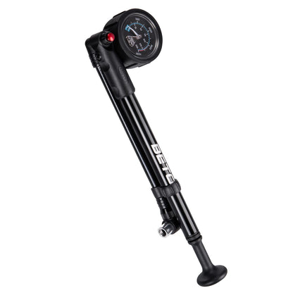 Beto high-pressure shock pump - (400 PSI max) MTB bike shock pump for front and rear suspension with no-loss Schrader valve.