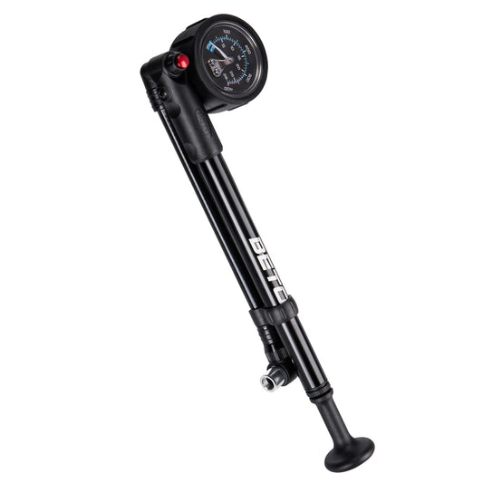 Beto high-pressure shock pump - (400 PSI max) MTB bike shock pump for front and rear suspension with no-loss Schrader valve.