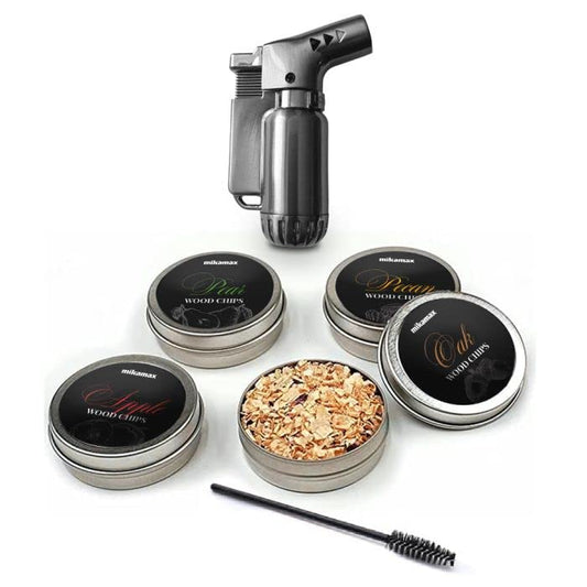 MikaMax Whiskey Smoker Set - Cocktail smoker for smoked whiskey, 4 flavors of smoking chips, with jet lighter, wood, and stainless steel - perfect Father's Day gift, cocktail accessory for whiskey, bourbon.