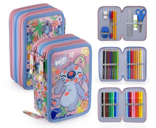 Clondo pencil case for kids, for Stitch and Angel Kiss fans, 3 organized compartments, filled pencil case for boys and girls, 45 pieces for school.