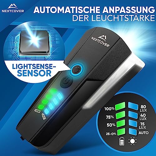 NEXTCOVER® bike light set with [LightSense] sensor & 11h battery life I USB rechargeable & waterproof I StVZO approved I LED front bike light I bike lamp & bike rear light (80 Lux Pro+)