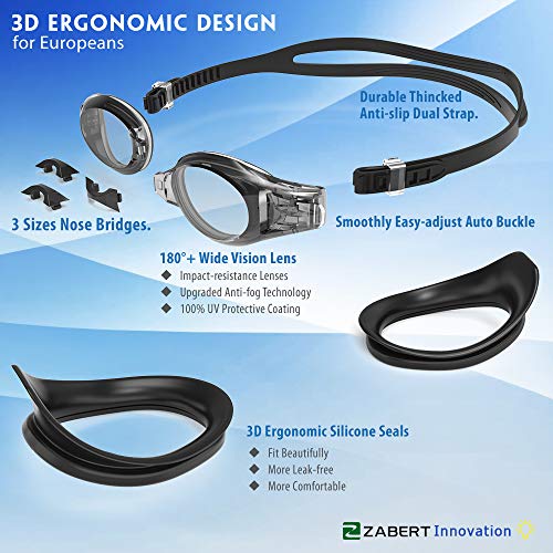 ZABERT Swim Goggles, W5 Swimming Goggles for Adults Men Women Kids 8+ Years Swimming Goggles Anti-fog UV Protection Large Triathlons Competitions Swim Goggles Black Grey