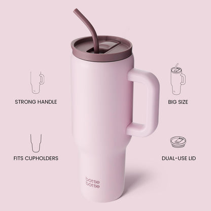 BOTTLE BOTTLE 40oz (1.1L) stainless steel coffee mug with handle & straw, BPA-free, insulated thermos cup for travel, office, school & sports, gift idea for coffee and tea lovers (Pink)
