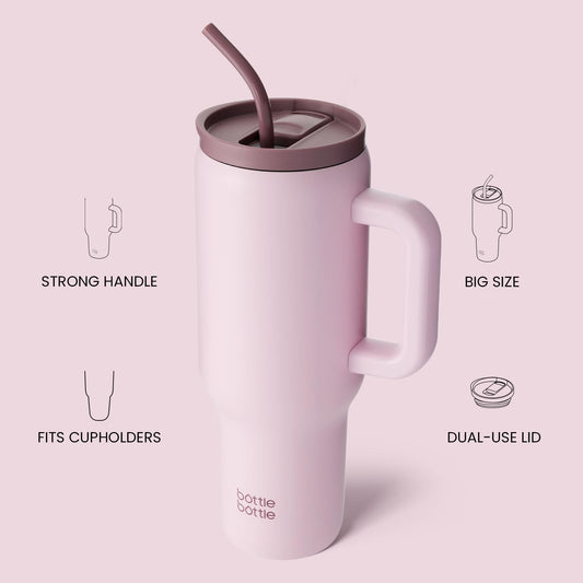 BOTTLE BOTTLE 40oz (1.1L) stainless steel coffee mug with handle & straw, BPA-free, insulated thermos cup for travel, office, school & sports, gift idea for coffee and tea lovers (Pink)