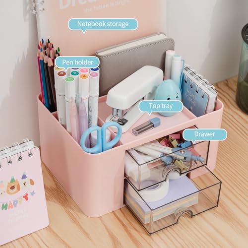 RISEMART desk organizer with 2 drawers, pencil holder, large capacity, stationery storage box for school, office, home, makeup, desk accessories, pink