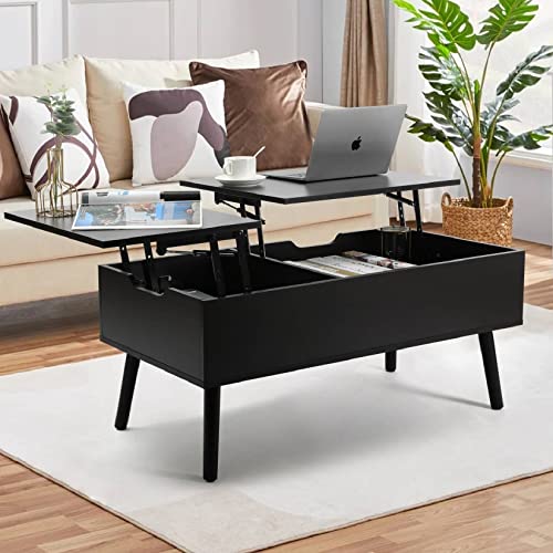 VOWNER coffee table, adjustable height, extendable, retractable, separate hidden storage compartment, double lift top, living room table, black walnut color.