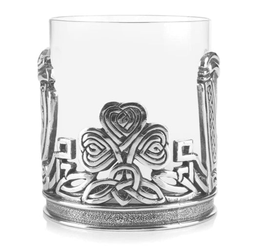 AE Williams whiskey glass with Irish Celtic shamrock and harp made of pewter.