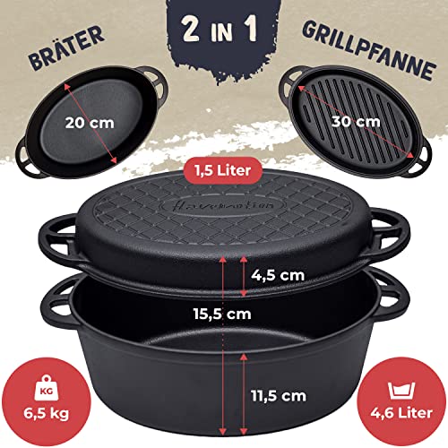 FLAVEMOTION cast iron pot with lid as a grill pan, 30cm, oval, 6.5kg, bread baking, stew pot - roaster & grill pan induction compatible, accessories