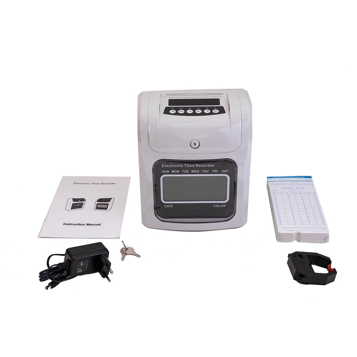 CDZHLTG Electronic time clock stamp clock time recording 960SB incl. 50 time clock stamp cards, 2 security keys, 1 power supply with LED display for office, factory, school