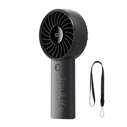 JISULIFE handheld fan, 5000mAh battery, upgraded portable fan with strong wind, USB rechargeable mini handheld fan with digital display, perfect for travel/beach/school (black)