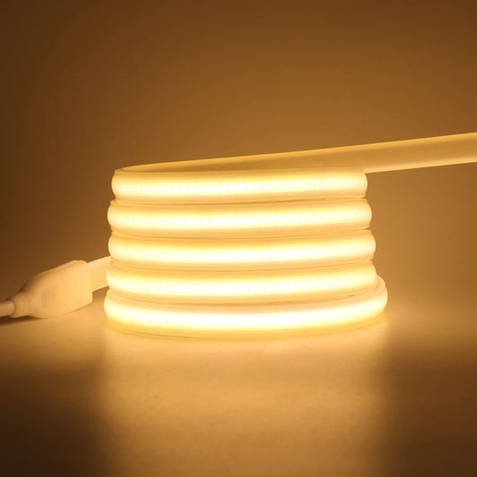 Wisada 220V LED Strip 30M, 288 LEDs/m Flexible High Density Warm White 3000K CRI≥85 FCOB LED Tape, IP65 Waterproof Super Bright COB LED Light Strip with Switch Plug for Bedroom, Cabinet Lighting