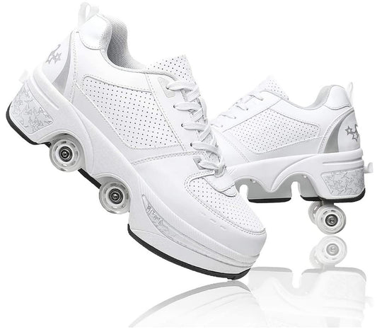 Shoes with wheels, roller skates, skateboard shoes, children's shoes with wheels, skate shoes, roller shoes, sports shoes, running shoes, sneakers with wheels for girls and women, white silver, size 39 EU.