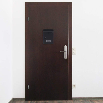 Profirst Mail PM 400 mailbox in black-grey steel with cylinder lock, 2 keys, viewing window, name tag holder, dual entry, and mounting material included.