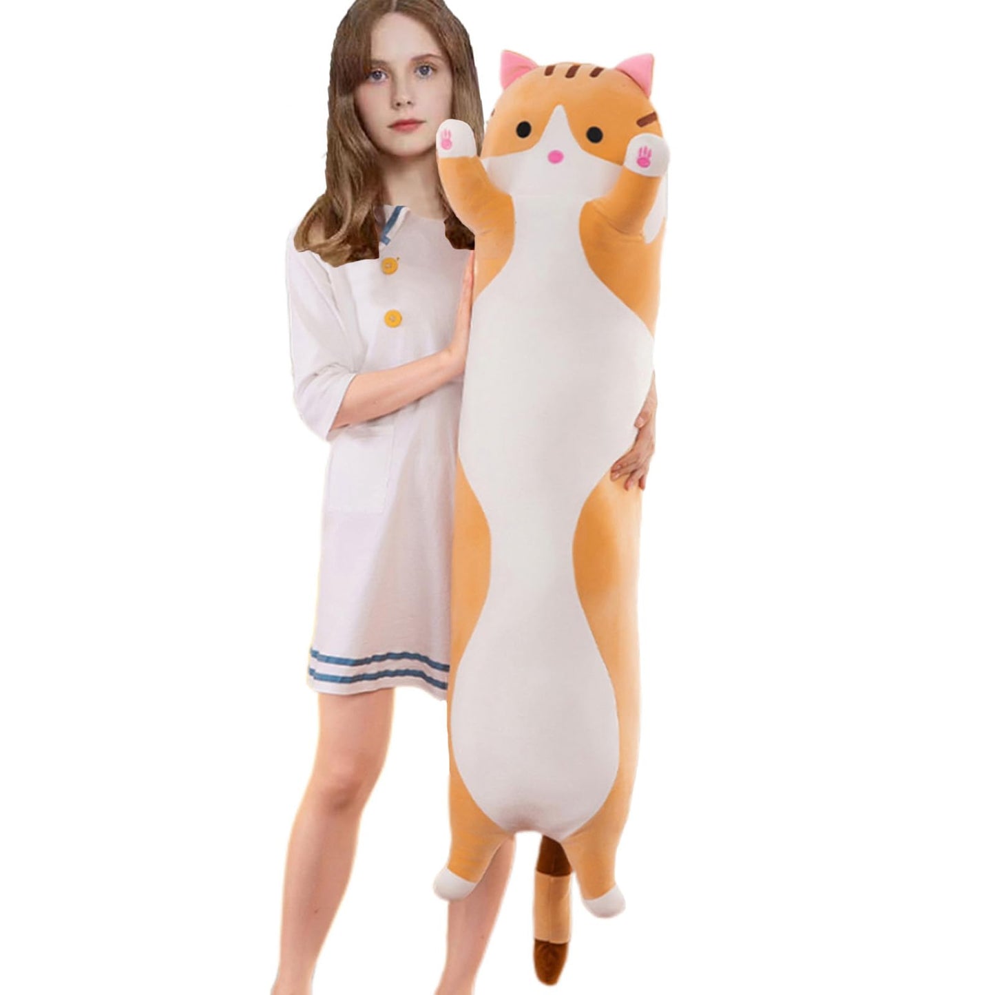 Aiuidun Long Cat Plush Toy Stuffed Animals Cat Plush Pillow Cute Kitten Plush Toy Sleep Pillow, Soft Long Cat Cuddle Pillow Gift for Kids Girlfriend (110cm/43.3inch, Yellow)