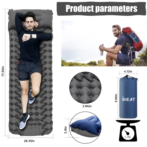 iHEAT camping sleeping pad, self-inflating sleeping mat 2023, upgraded sleeping pad with air pillow for hiking and traveling, waterproof air mattress, compact hiking mat