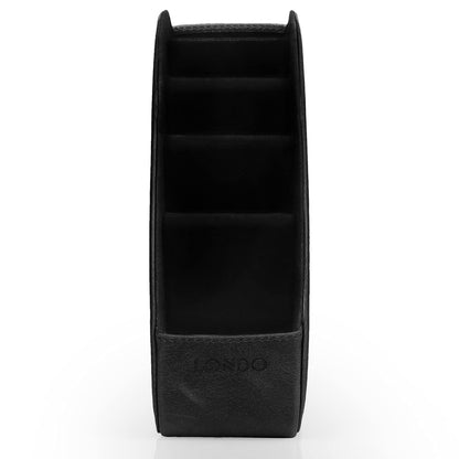 London Remote Control Holder with 5 pockets - space for DVD, Blu-Ray, TV, or Apple TV remotes - Italian genuine leather with suede lining - slim compact for living room storage.
