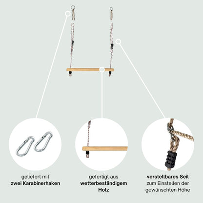 Trapeze Swing | Trapeze bar with adjustable ropes & carabiner for hanging | Wooden swing bar | Kids swing for outdoor & indoor | Gymnastics equipment for children