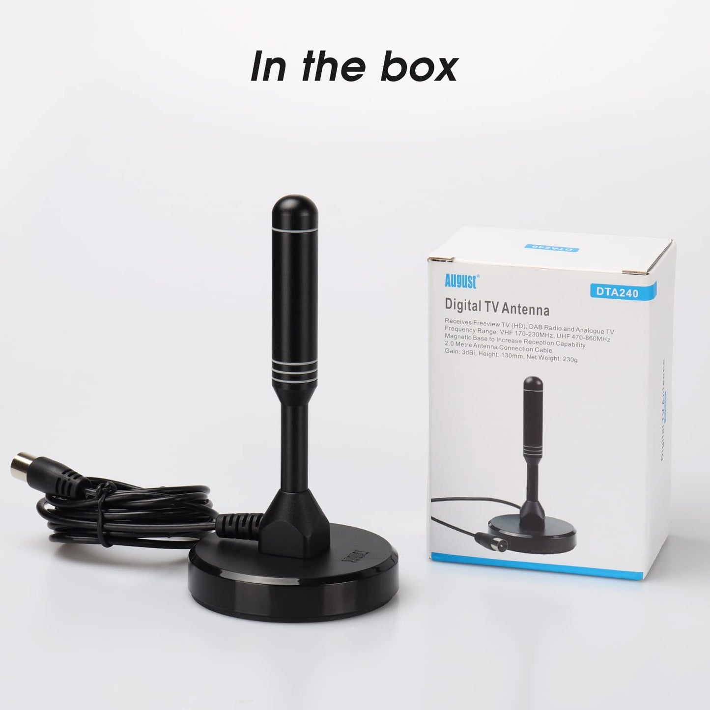 August DTA240 - DVB-T/DVB-T2 antenna - stronger rod antenna for digital television / Digital TV / DAB radio / DVB-T2 tuner stick / solid aluminum core for maximum signal quality - with magnetic base 2m cable