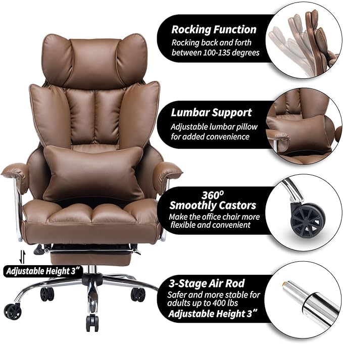 Efomao office chair ergonomic, PU leather executive chair, office chair 200 kg with footrest and lumbar support, Adjustable high-back chair, Brown.