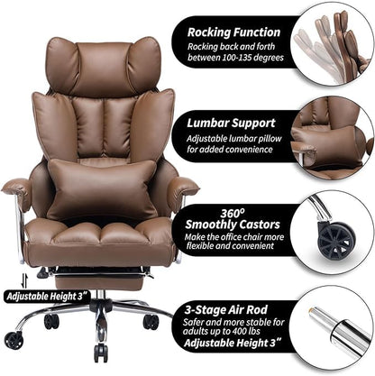 Efomao office chair ergonomic, PU leather executive chair, office chair 200 kg with footrest and lumbar support, Adjustable high-back chair, Brown.