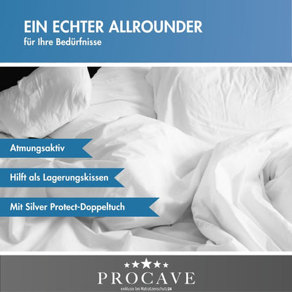 PROCAVE bed wedge with Silver Protect double cloth cover | Width: 140 cm x Depth: 45 cm x Height: 15/1 cm | Made in Germany | wedge-shaped foam pillow for beds and waterbeds
