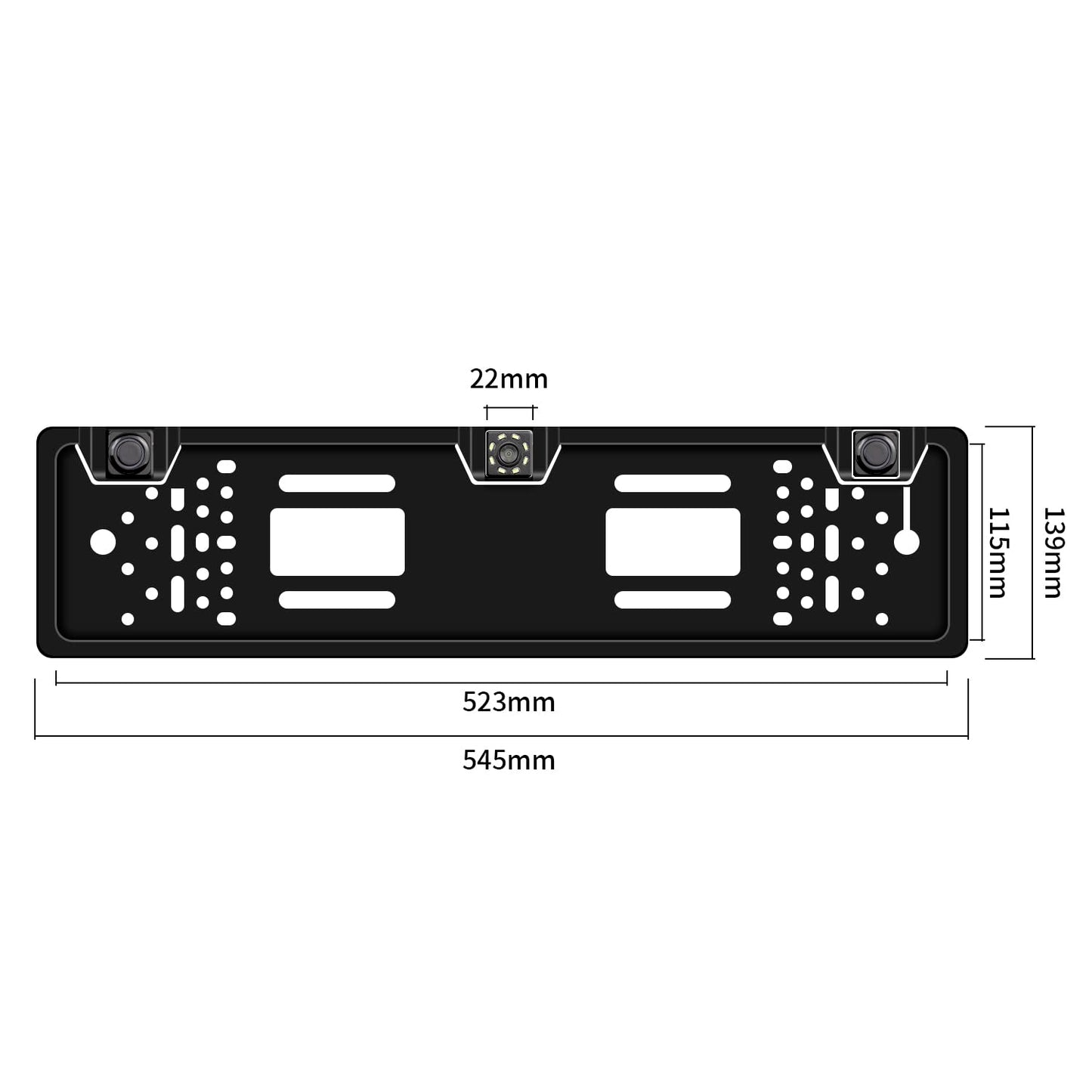Rear view camera license plate holder with 2 parking sensors + LED distance display, 8 lights rear view camera, 170° wide angle, IP67 waterproof.