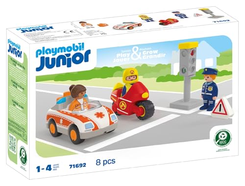 PLAYMOBIL JUNIOR | Everyday Heroes | sustainable toys for kids ages 1+ | includes doctor, firefighter, and police officer | 71692