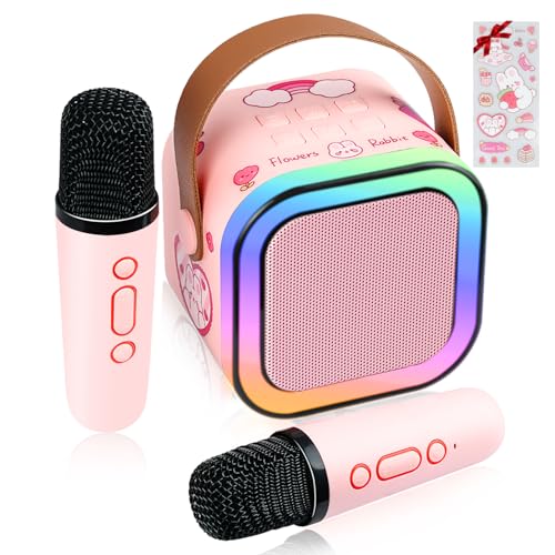 LAMJAD Karaoke Machine for Kids with 2 Wireless Microphones, Portable Bluetooth KTV System with LED Lights and Voice Effects, Gifts for Ages 3-12 Children (Pink)