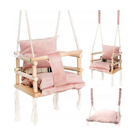 Baby swing children swing wood fabric baby seat baby swing for hanging 3 in 1 (Pink)