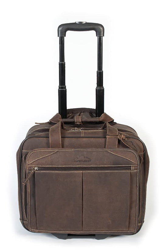 Alpine Leather Business Trolley - Denver (Handmade) - Sustainable organic leather from local farming | Trolley hand luggage, briefcase with wheels *Fairly produced* (40x40x25cm, Old Havana)