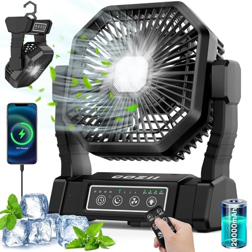 COZII 20000mAh Camping Fan Table Fan, USB Fan Battery, 4 Speeds Portable Fan with Light Hanging Hook & Remote Control for Camping Travel Picnic BBQ Fishing Office
