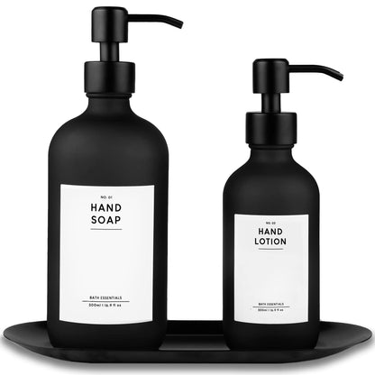 MONOKO 2-pack soap dispenser in black matte glass with tray | 500/250ml kitchen dish soap dispenser | refillable bottles | stainless steel pump head | pump bottle + sticker
