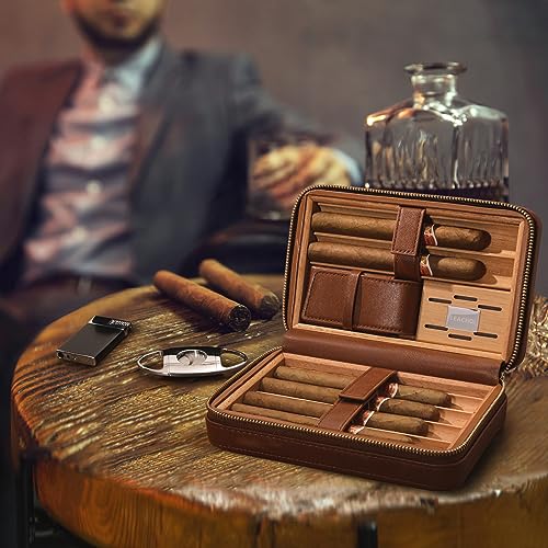 LEACHOI Leather Cigar Travel Humidor, Cigar Case with Lighter and Cigar Cutter, Cigar Accessories Set, Cigar Gift Set - Holds up to 6 Cigars - Brown