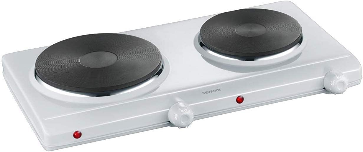 SEVERIN Double Hot Plate for kitchen, office, or camping, small stove with stepless temperature control, camping stove for two pots, white, 2,500W, DK 1042