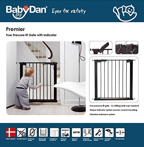 BabyDan Premier, extra wide pressure-mounted stair gate, 112-119.3 cm, door guard/barrier/baby gate/safety gate, metal, black, Made in Denmark (dog gate)