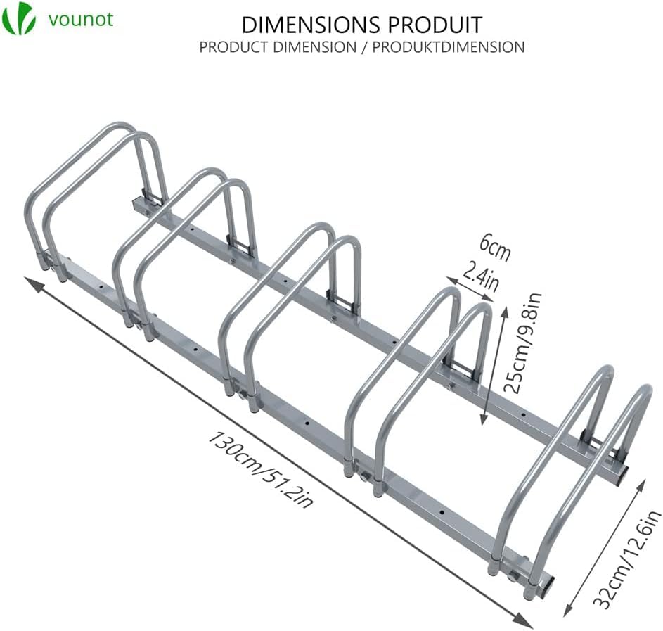 VOUNOT Bike Stand, for 5 bikes, floor and wall mount, multiple standing rack, Silver