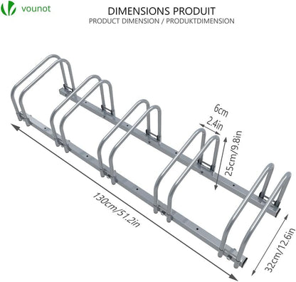 VOUNOT Bike Stand, for 5 bikes, floor and wall mount, multiple standing rack, Silver