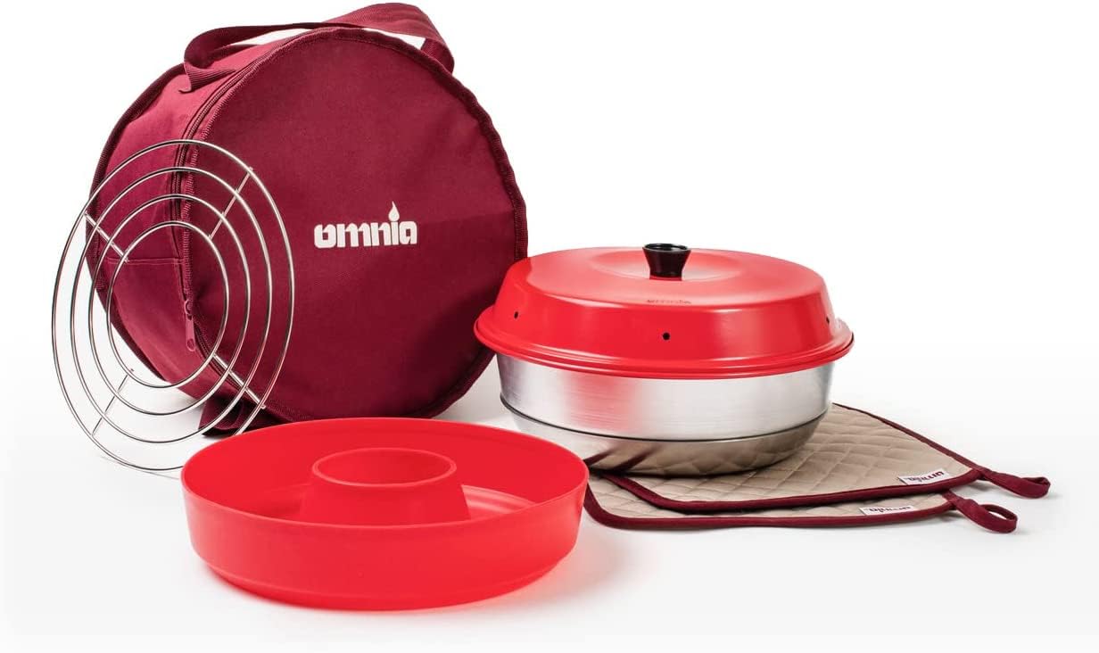 OMNIA oven kit with accessories - set includes camping oven, silicone mold, baking grid, bag, and pot holder, beige