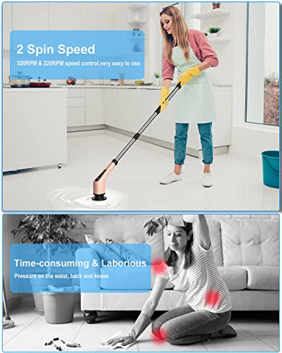 Electric cleaning brush, Electric Spin Scrubber cordless with 8 interchangeable drilling brush heads, tub and floor tile mop set with 137cm adjustable handle for bathroom kitchen car floor (White)